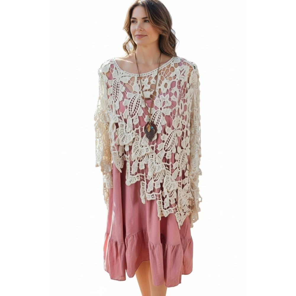 3pc Sundress Set Women XL Pink Crochet Poncho Leaf Necklace Boho Summer Cottage